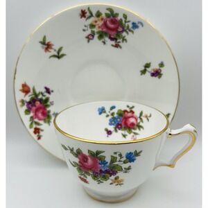 Crown Staffordshire Bone China Teacup Saucer Set Gold Pink Rose Floral England